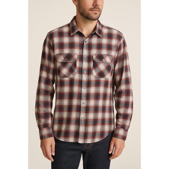 Vince Red Navy Gray Plaid Cotton Button Down Shirt Men’s Large - Picture 1 of 10